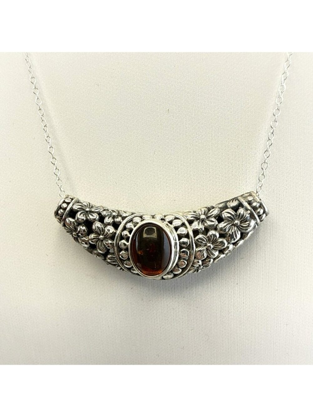 JTV Sterling Silver Necklace Floral Artisan Bali Pebbled Gem Slide Bar Pendant